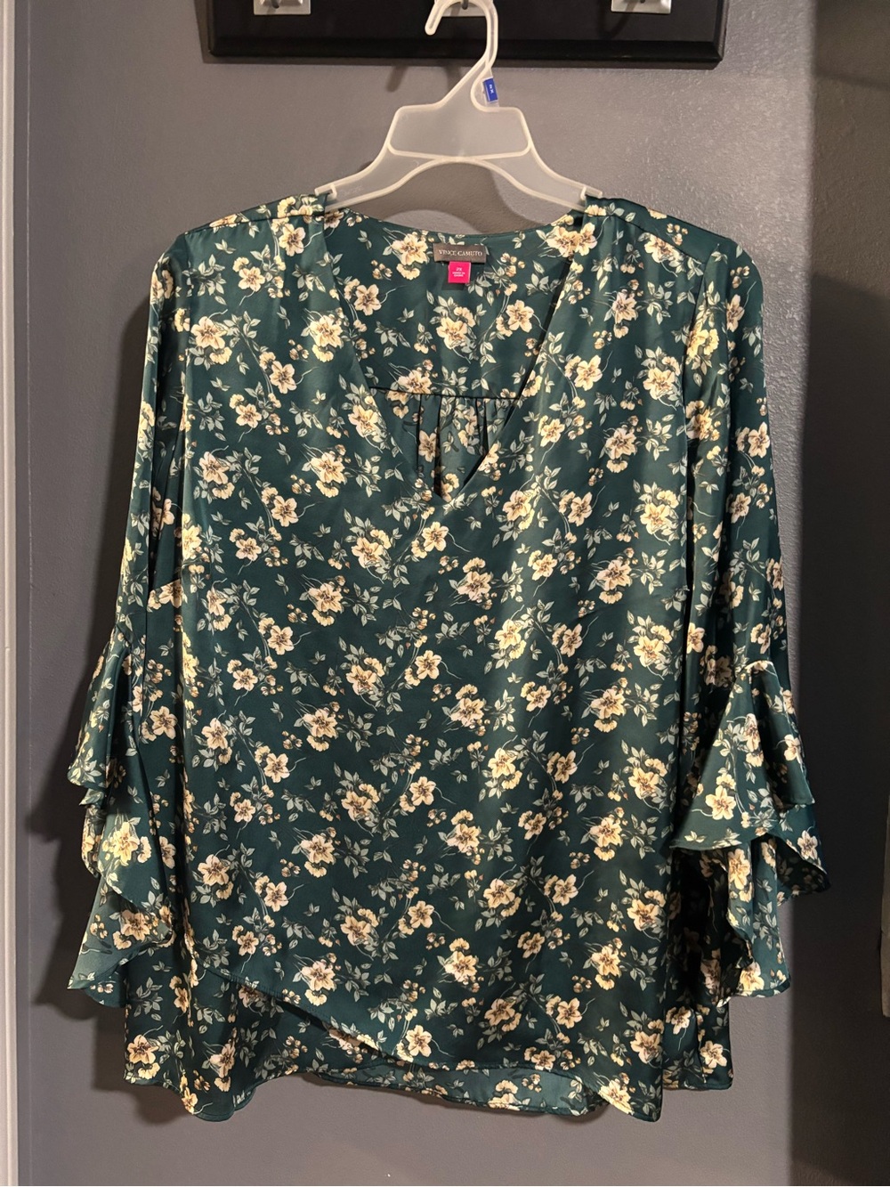 Vince Camuto Teal Floral V-Neck Blouse with Tiered Bell Sleeves